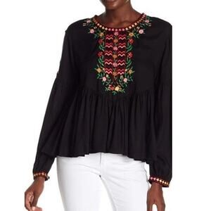 Joie Ghita Black Embroidered Ruffle Hem Boho Blouse    Size: S